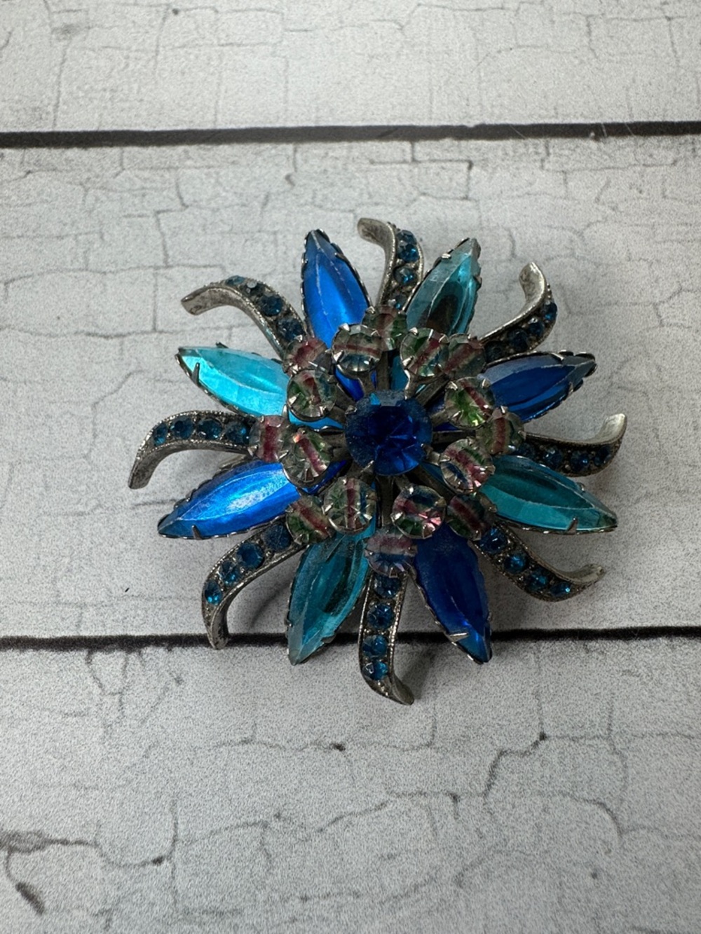 Source Unknown Blue and Teal Floral Rhinestone Brooch